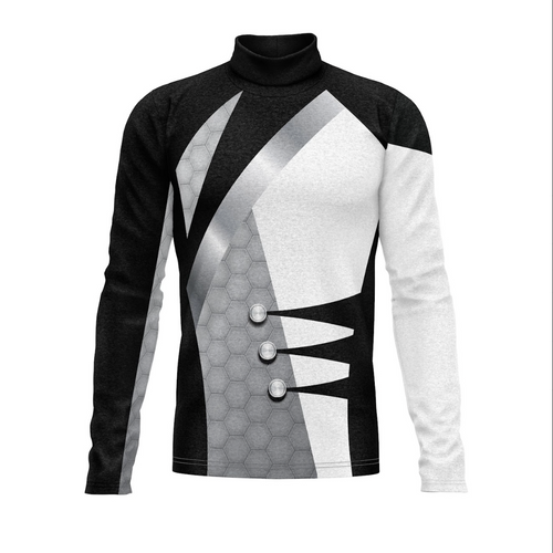 Black, white, and gray patterned long-sleeve shirt on a white background