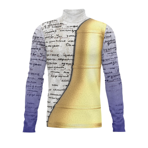 Long-sleeve shirt with text pattern on sleeves and gold center panel on a white background