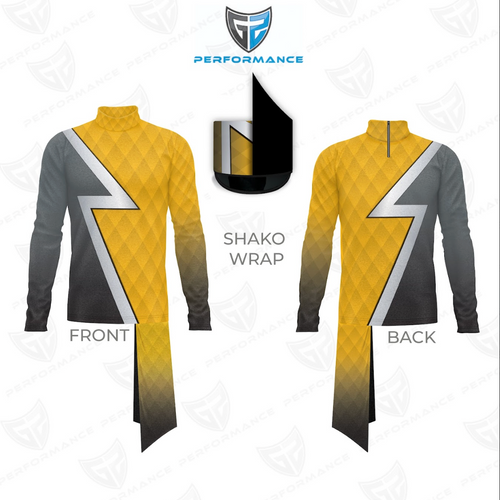 Yellow, black, and gray shako wrap with front and back views on a white background.