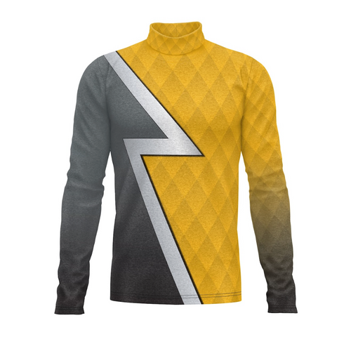 Yellow and gray long-sleeve shirt with a lightning bolt design on a white background
