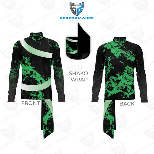 Green and black camouflage uniform with shako wrap on a white background, featuring Performance brand logo.