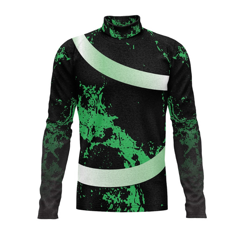 Black turtleneck sweater with green abstract pattern on a white background