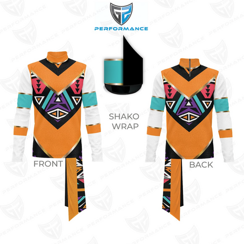 Colorful shako wrap with geometric patterns on a white background, featuring the Performance logo.