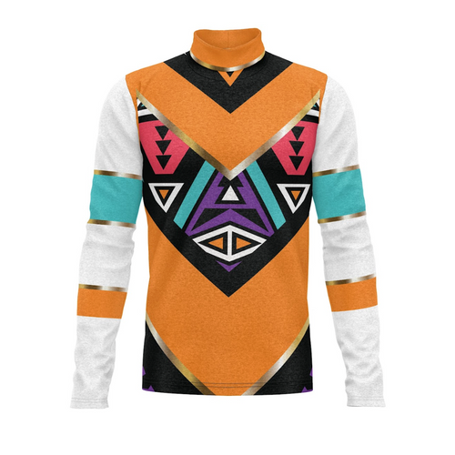 Colorful patterned shirt with geometric design on a white background