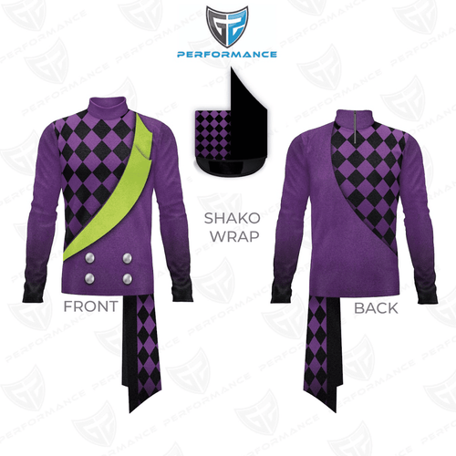 Purple and black uniform with green accents on a white background, featuring 'Performance' branding.