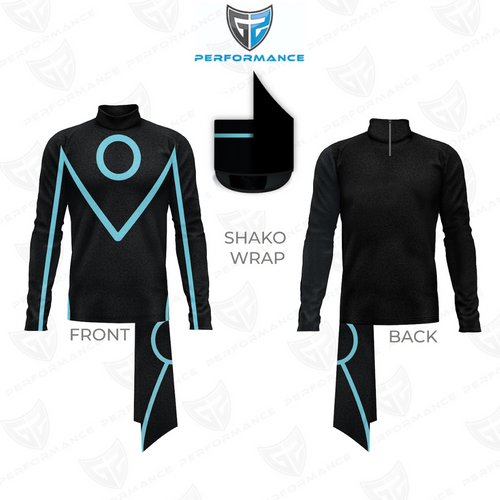 Black and blue athletic outfit with 'GF Performance' logo on a white background