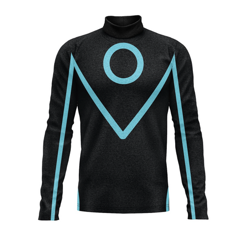 Black turtleneck sweater with blue geometric design on a white background