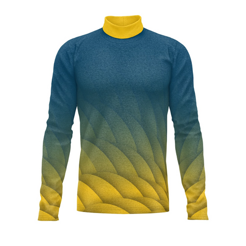 Long-sleeve shirt with a gradient design transitioning from blue to yellow on a white background
