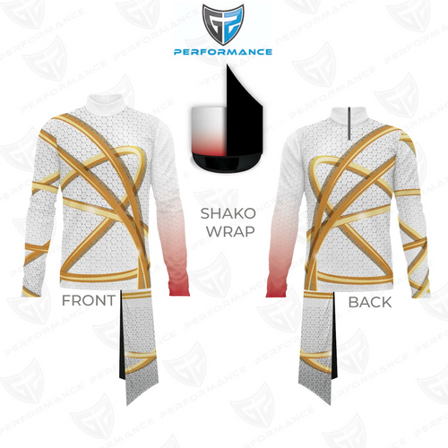 Shako wrap design with gold and white patterns on a white background, featuring Performance logo.