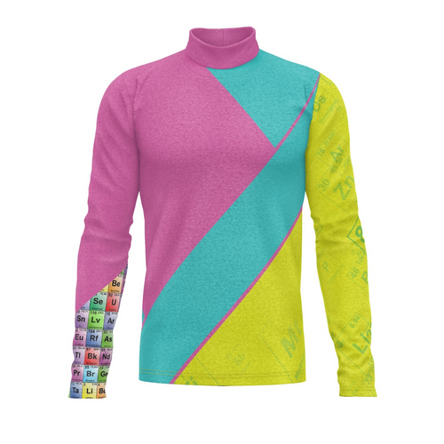 Colorful long-sleeve shirt with a geometric design on a white background