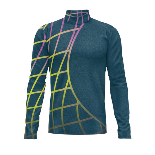 Blue long-sleeve shirt with colorful geometric pattern on a white background