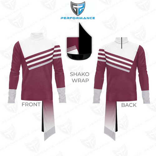 Maroon and white uniform with shako wrap design on a white background, featuring Performance logo.