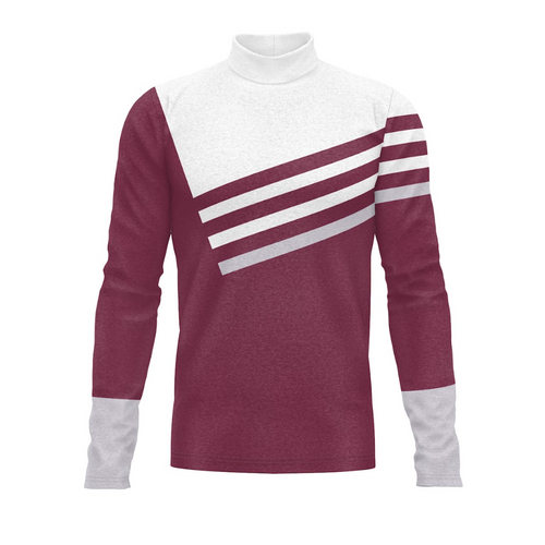 Maroon and white turtleneck sweater with horizontal stripes on a white background