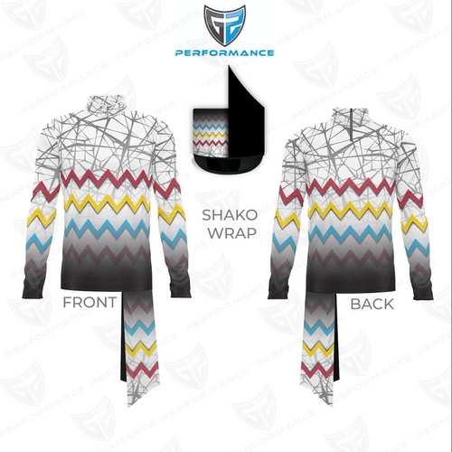 Shako wrap with colorful zigzag pattern on a white background, featuring the Performance logo.