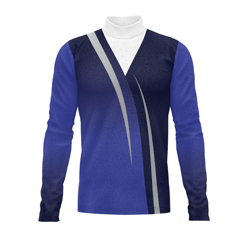 Blue and navy long-sleeve shirt with a white turtleneck underneath on a white background