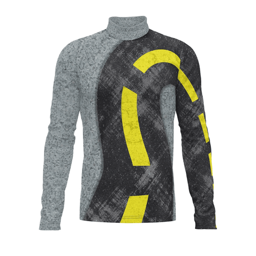 Two long-sleeve shirts, one gray and one with a black and yellow design, on a white background.