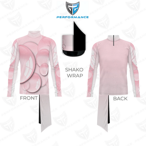 Pink and white shako wrap with front and back views on a white background, featuring the Performance logo.