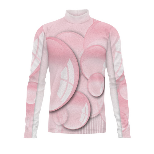 Pink and white sweater with abstract circular design on a white background