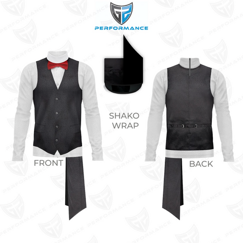 Black vest with shako wrap displayed from front and back on a white background.
