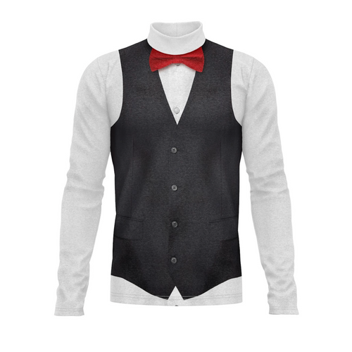 Black vest with a red bow tie over a white shirt on a white background