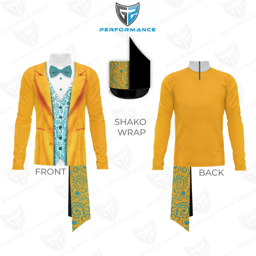 Yellow outfit with shako wrap on a white background, featuring 'Performance' branding.