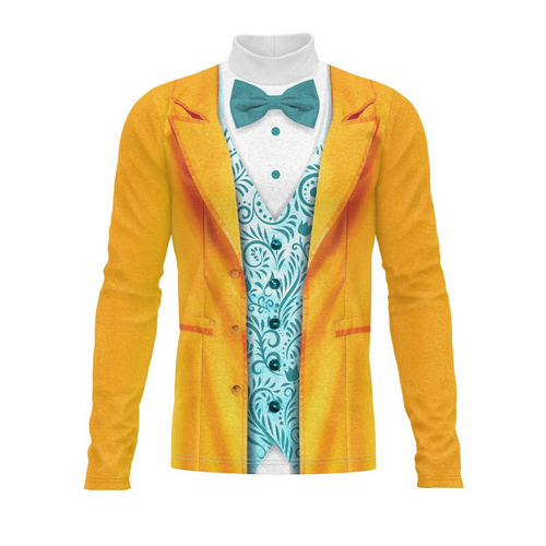 Yellow cardigan over a patterned shirt with a bow tie on a white background