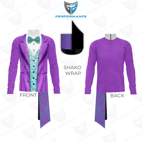 Purple performance outfit with shako wrap on a white background