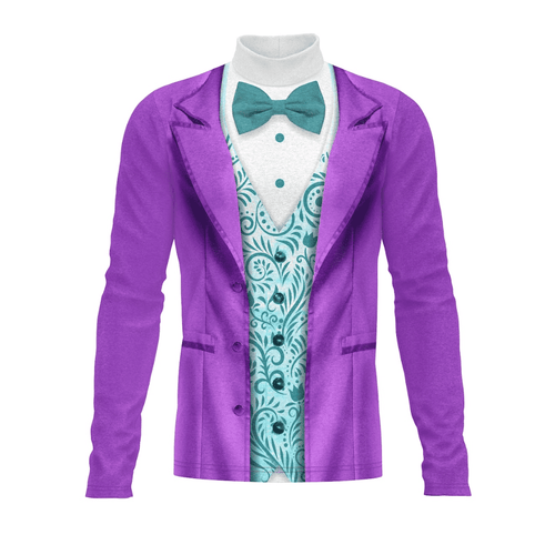 Purple blazer over a patterned dress on a white background