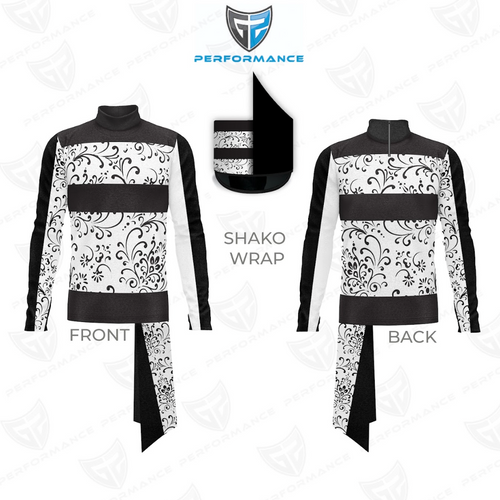 Black and white patterned shako wrap with front and back views on a white background, featuring the Performance brand logo.