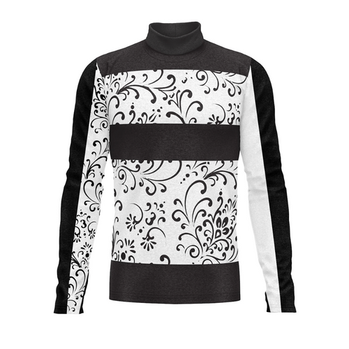 Black and white patterned turtleneck sweater on a white background