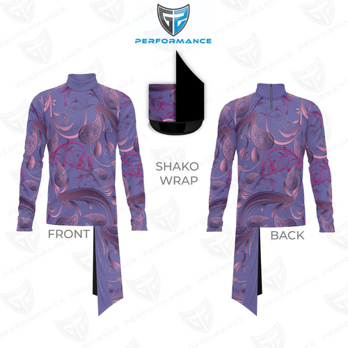 Purple patterned shako wrap with front and back views on a white background, featuring the Performance brand logo.