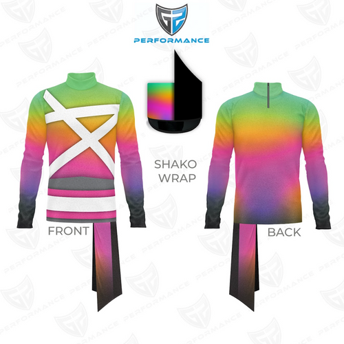 Colorful long-sleeve shirt with rainbow pattern on a white background, featuring 'Performance' branding.