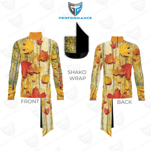 Shako wrap with colorful design on a white background, featuring 'Performance' branding.