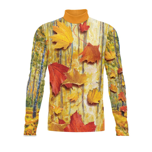 Long-sleeve shirt with autumn leaf pattern on a white background