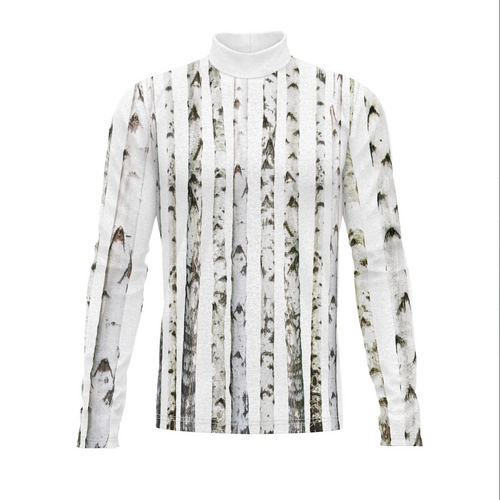 Long-sleeve shirt with a pattern of black and white abstract designs on a white background