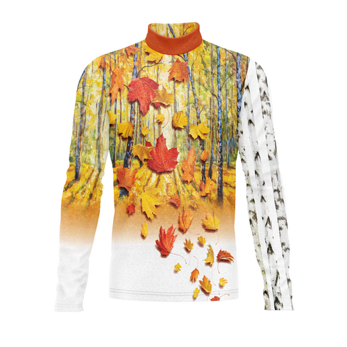 Long-sleeve shirt with autumn leaf design on a white background