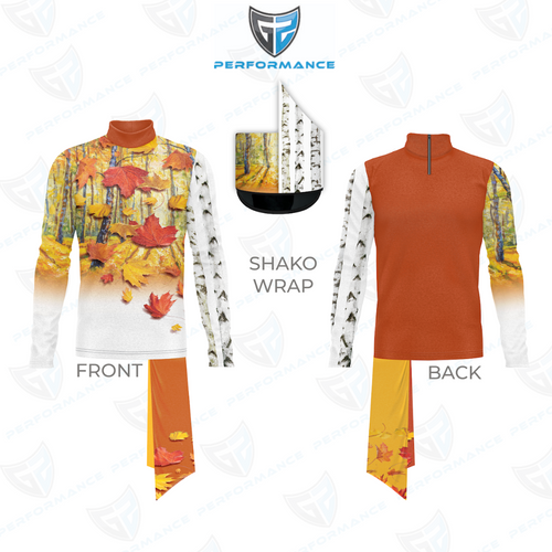 Shako wrap with autumn leaf design on a white background, featuring the Performance brand logo.