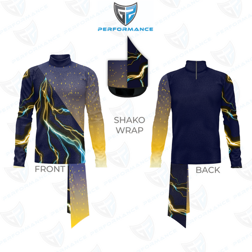 Navy and gold athletic outfit with lightning design, labeled 'Shako Wrap' on a white background.