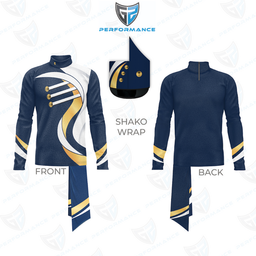 Navy blue and gold uniform with shako wrap design on a white background