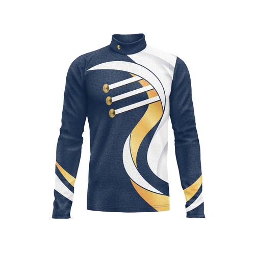 Navy long-sleeve shirt with gold and white design on a white background