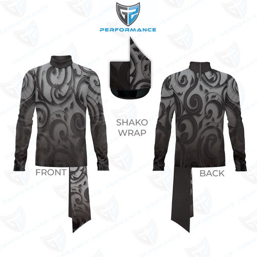 Black and gray patterned shirt with shako wrap design on a white background, featuring Performance branding.