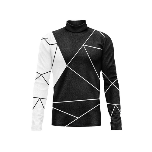 Black and white geometric patterned turtleneck sweater on a white background