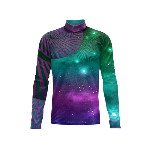 Long-sleeve shirt with a colorful galaxy design on a white background