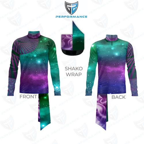 Colorful Shako wrap with front and back views on a white background, featuring the Performance brand logo.