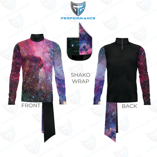Space-themed shirt with front and back views on a white background, featuring 'Performance' branding.