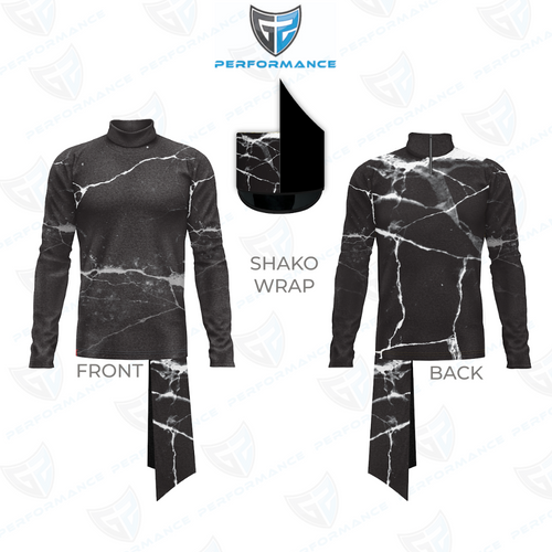 Black marble patterned long-sleeve shirt with front and back views on a white background, featuring the 'GF Performance' logo.