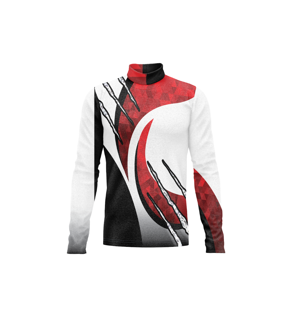 Long-sleeve shirt with red, black, and white abstract pattern on a white background