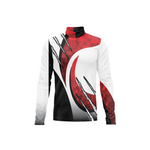 Long-sleeve shirt with red, black, and white abstract pattern on a white background