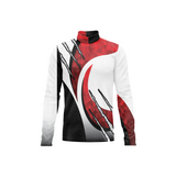 Long-sleeve shirt with red, black, and white abstract pattern on a white background