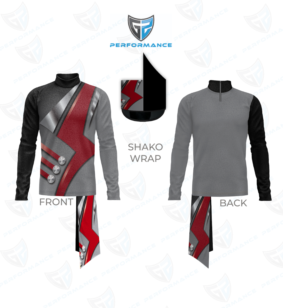 Gray and red long-sleeve shirt with shako wrap design on a white background, featuring Performance logo.